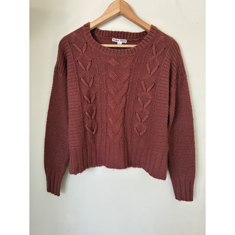 Moral Fiber Women Rust Brown Cable Knit Crew Neck Sweater Size L Pullover Fall